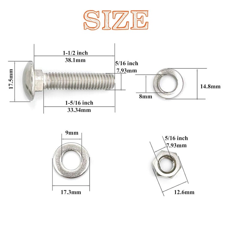 Matrelt 8 Sets 5/16"-18 x1-1/2 Carriage Bolts Round Head Square Neck Screws with Hex Nuts Flat Washers Spring Lock Washers 304 Stainless Steel Full Thread Coverage Square Neck Bolts Assortment Kit - Image 2